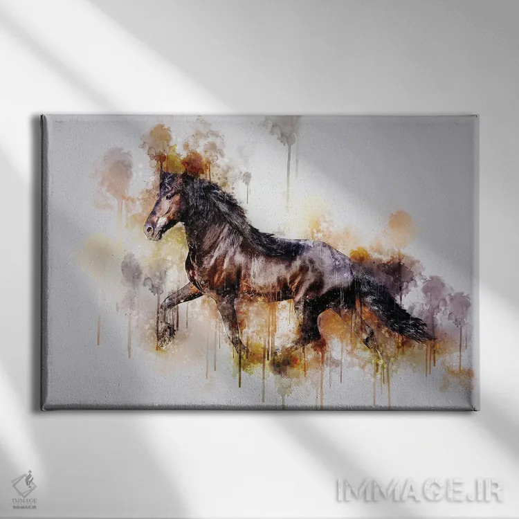 تابلو اسب در حال دویدن (آبرنگ) اثر کورنل ولاد - نمای روبهرو روی دیوار