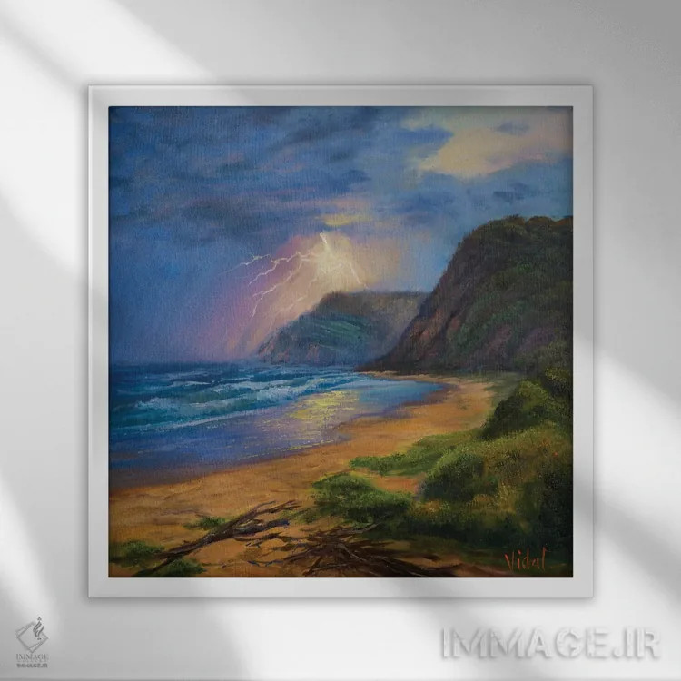 تابلو طوفان بر اقیانوس، ساحل گاری اثر کریستوفر ویدال - نمای قابدار سفید