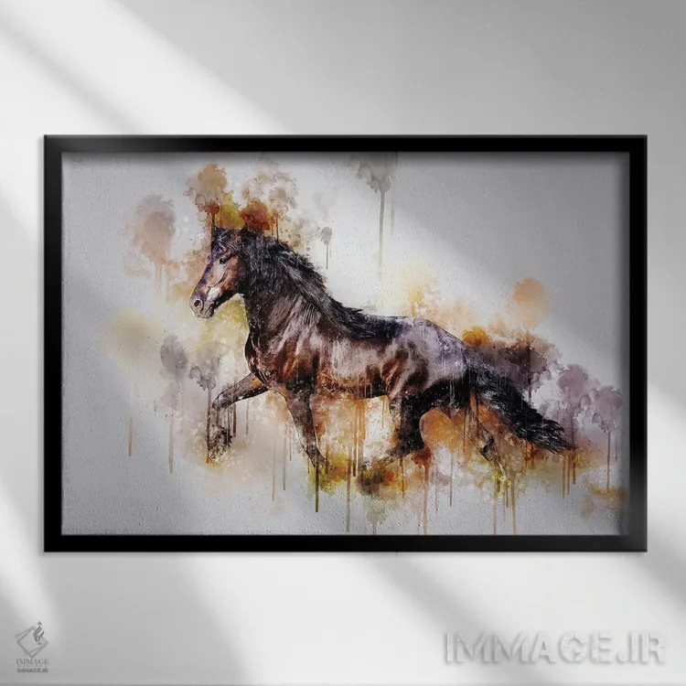 تابلو اسب در حال دویدن (آبرنگ) اثر کورنل ولاد - نمای قابدار مشکی