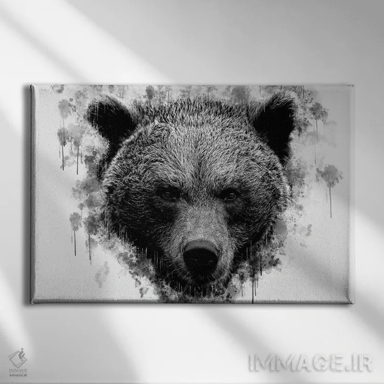 تابلو سر خرس قهوهای در سیاه و سفید اثر کورنل ولاد - نمای روبهرو روی دیوار