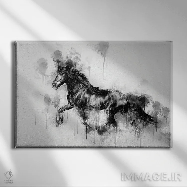 تابلو اسب در حال دویدن در سیاه و سفید اثر کورنل ولاد - نمای روبهرو روی دیوار