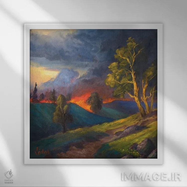 تابلو آتشسوزی جنگلی اثر کریستوفر ویدال - نمای قابدار سفید