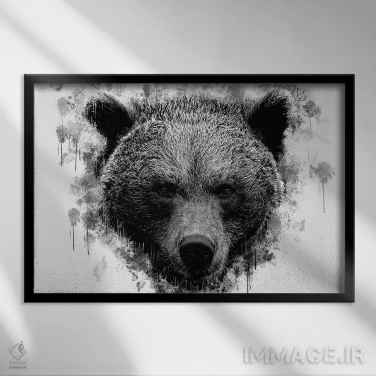 تابلو سر خرس قهوهای در سیاه و سفید اثر کورنل ولاد - نمای قابدار مشکی