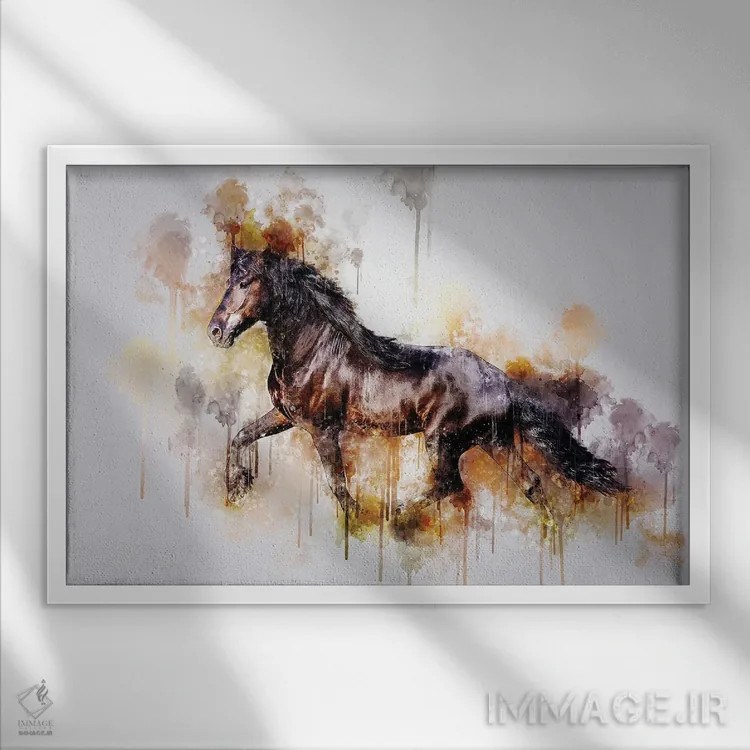 تابلو اسب در حال دویدن (آبرنگ) اثر کورنل ولاد - نمای قابدار سفید