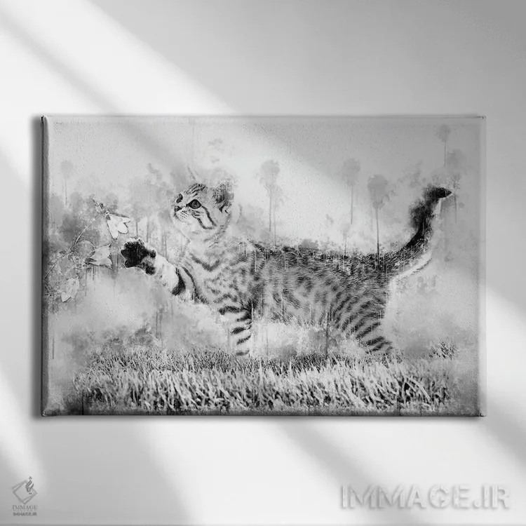 تابلو بچه گربه با گل در سیاه و سفید اثر کورنل ولاد - نمای روبهرو روی دیوار