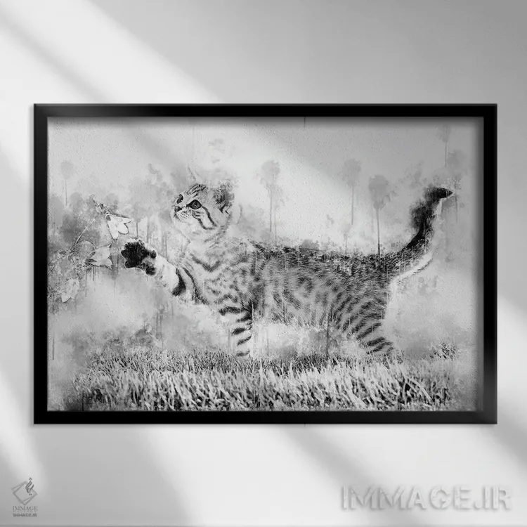 تابلو بچه گربه با گل در سیاه و سفید اثر کورنل ولاد - نمای قابدار مشکی