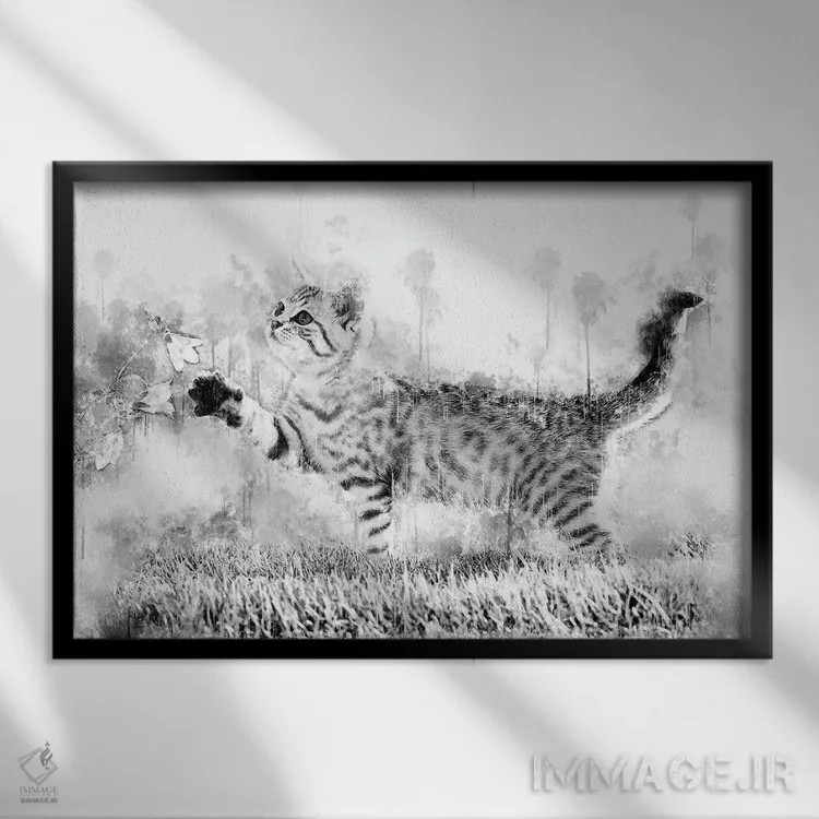 تابلو بچه گربه با گل در سیاه و سفید اثر کورنل ولاد - نمای قابدار مشکی