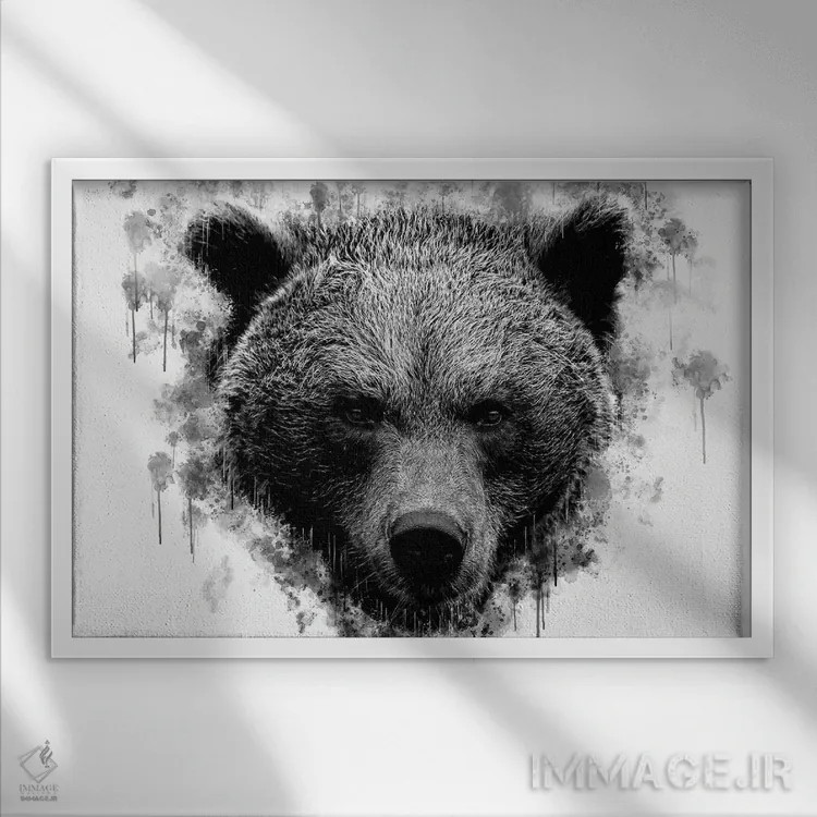 تابلو سر خرس قهوهای در سیاه و سفید اثر کورنل ولاد - نمای قابدار سفید