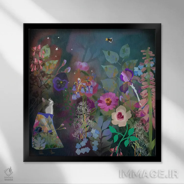 تابلو گربه در باغ اثر کلر وستوود - نمای قابدار مشکی