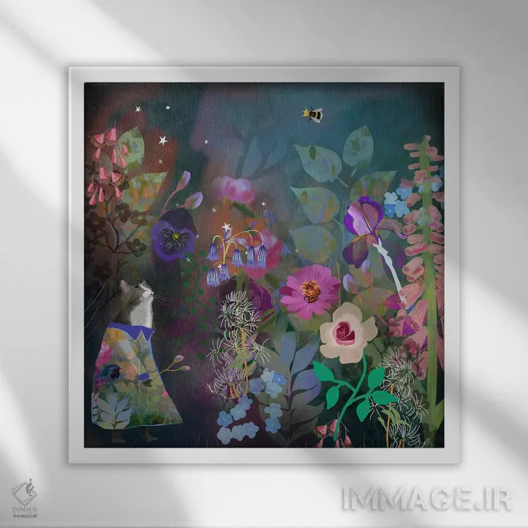 تابلو گربه در باغ اثر کلر وستوود - نمای قابدار سفید