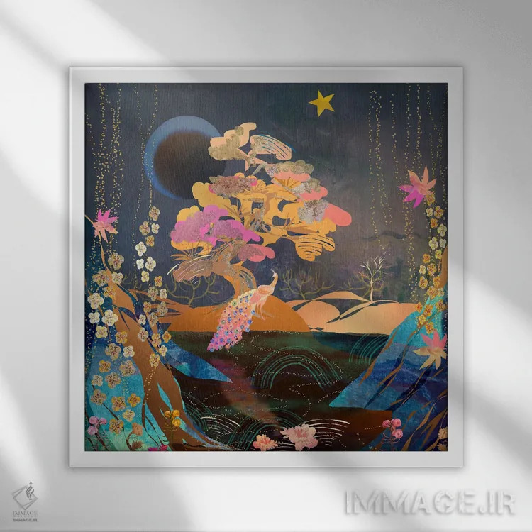 تابلو درخت و طاووس اثر کلر وستوود - نمای قابدار سفید