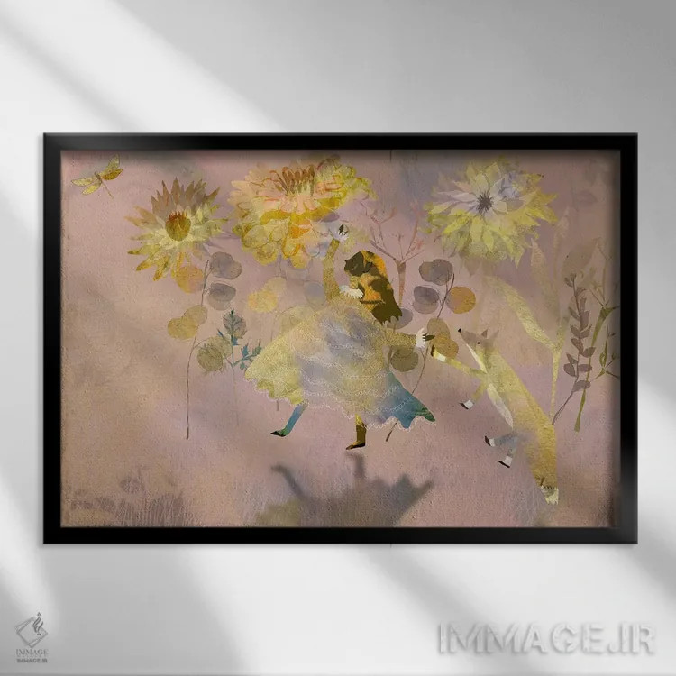 تابلو پیادهروی طلایی و صورتی کمرنگ اثر کلر وستوود - نمای قابدار مشکی