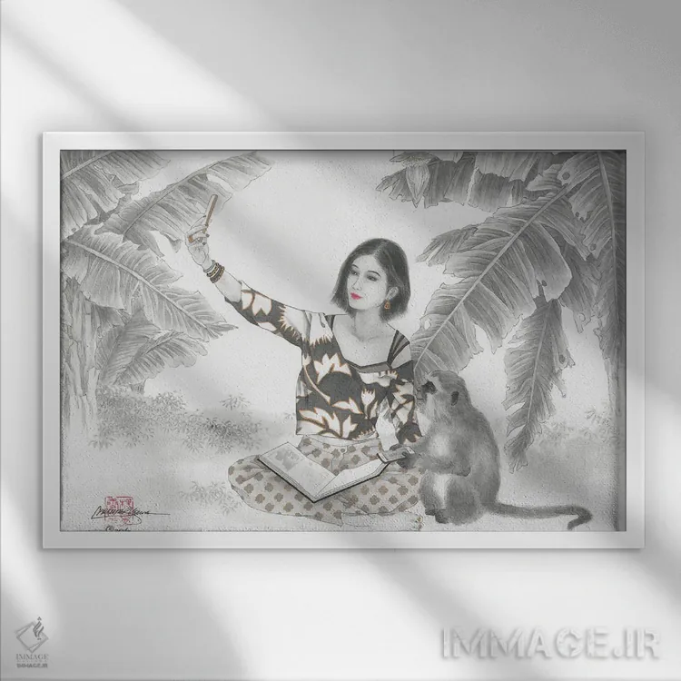 تابلو دوست صمیمی میمون اثر کارولین آر یانگ - نمای قابدار سفید