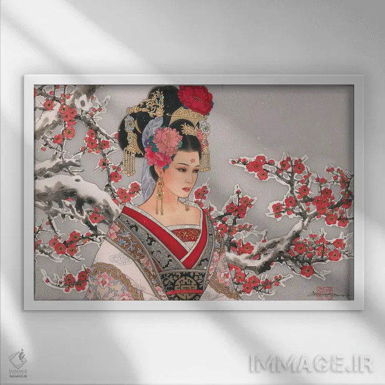 تابلو شکوفهها در برف اثر کارولین آر یانگ - نمای قابدار سفید