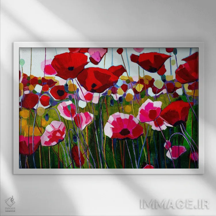 تابلو شقایقهای رقصان اثر سیندی کافمن - نمای قابدار سفید