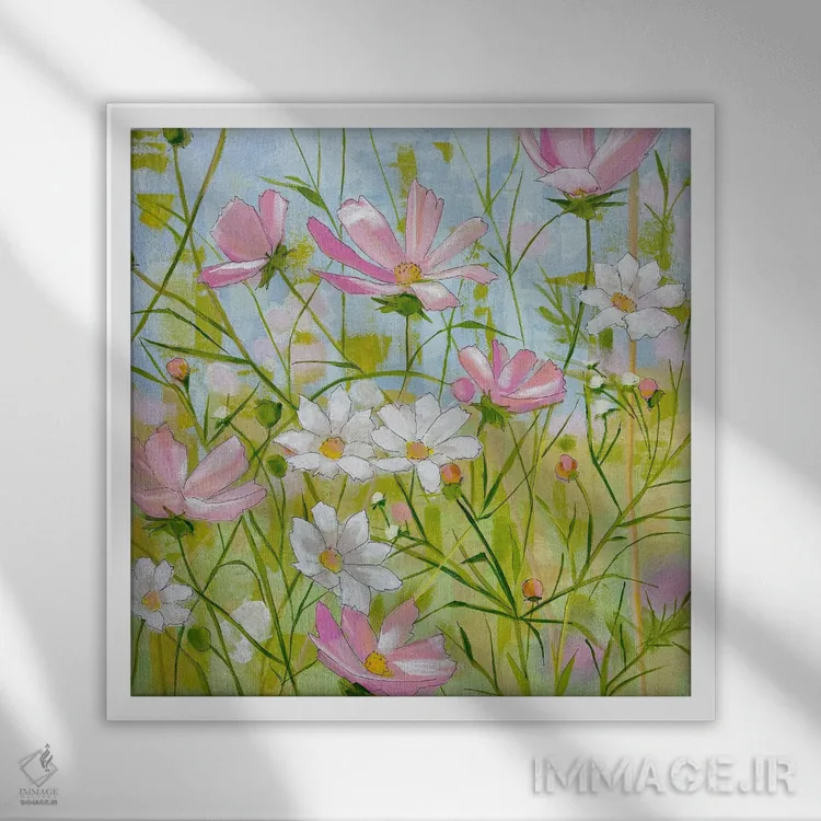 تابلو کیهان صورتی و سفید اثر سیندی کافمن - نمای قابدار سفید