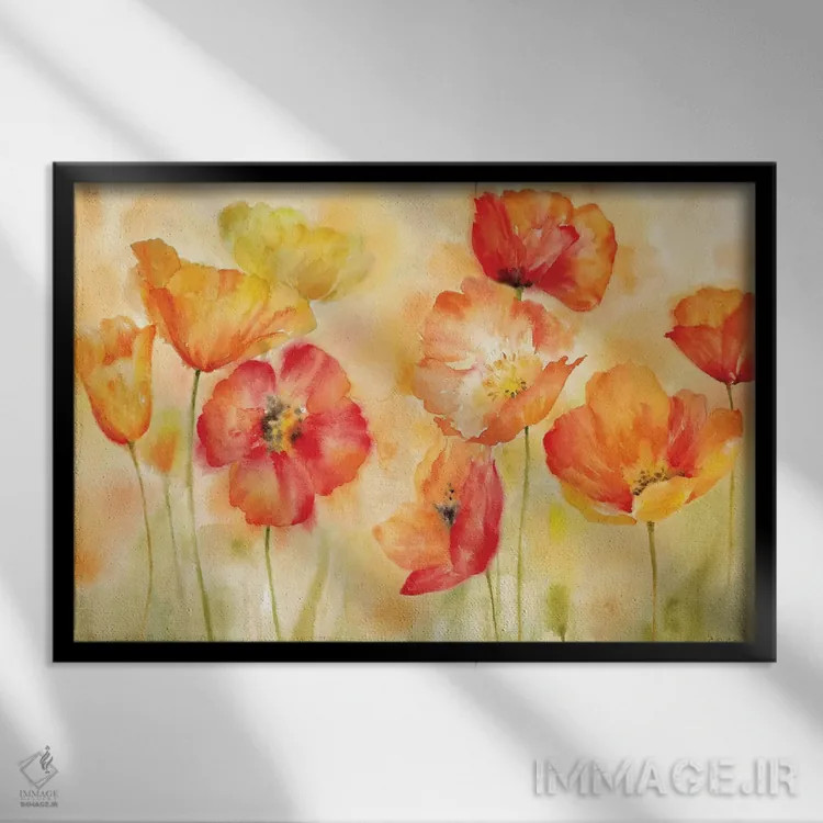 تابلو چشمانداز ادویهای شقایق آبرنگی در چمنزار اثر سینتیا کولتر - نمای قابدار مشکی