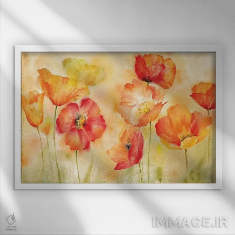 تابلو چشمانداز ادویهای شقایق آبرنگی در چمنزار اثر سینتیا کولتر - نمای قابدار سفید