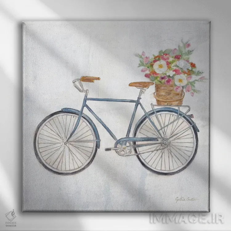 تابلو دوچرخه قدیمی با سبد گل II اثر سینتیا کولتر - نمای روبهرو روی دیوار