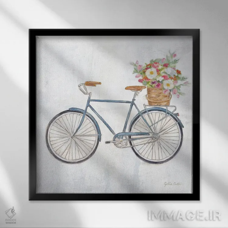 تابلو دوچرخه قدیمی با سبد گل II اثر سینتیا کولتر - نمای قابدار مشکی