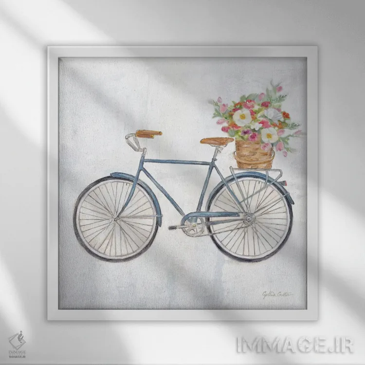 تابلو دوچرخه قدیمی با سبد گل II اثر سینتیا کولتر - نمای قابدار سفید