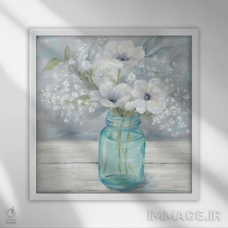 تابلو دستهگل در شیشه قدیمی I اثر سینتیا کولتر - نمای قابدار سفید