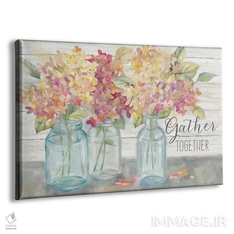 تابلو هورتانسیاهای خانه روستایی در شیشههای میسون ادویه - جمعآوری اثر سینتیا کولتر - نمای پرسپکتیو محصول