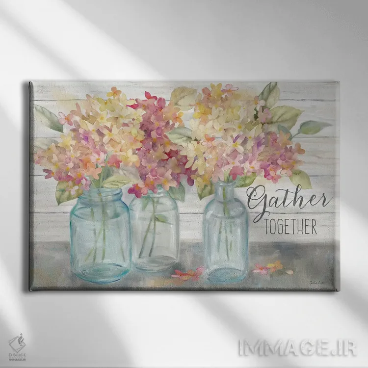 تابلو هورتانسیاهای خانه روستایی در شیشههای میسون ادویه - جمعآوری اثر سینتیا کولتر - نمای روبهرو روی دیوار