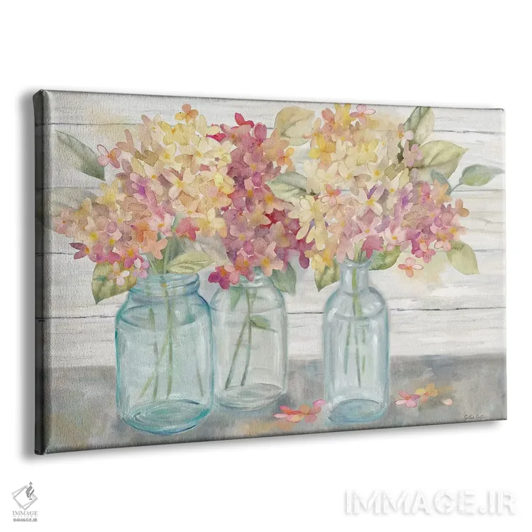تابلو هورتانسیاهای خانه روستایی در شیشههای میسون ادویه اثر سینتیا کولتر - نمای پرسپکتیو محصول