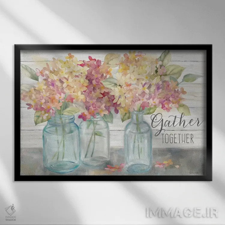 تابلو هورتانسیاهای خانه روستایی در شیشههای میسون ادویه - جمعآوری اثر سینتیا کولتر - نمای قابدار مشکی