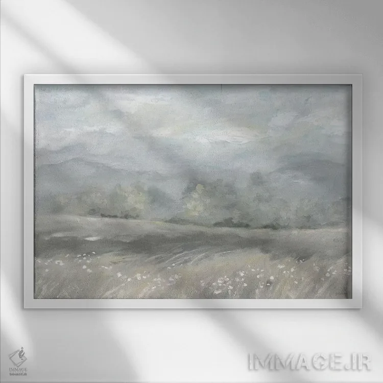 تابلو منظره دشت روستایی با رنگ خنثی اثر سینتیا کولتر - نمای قابدار سفید