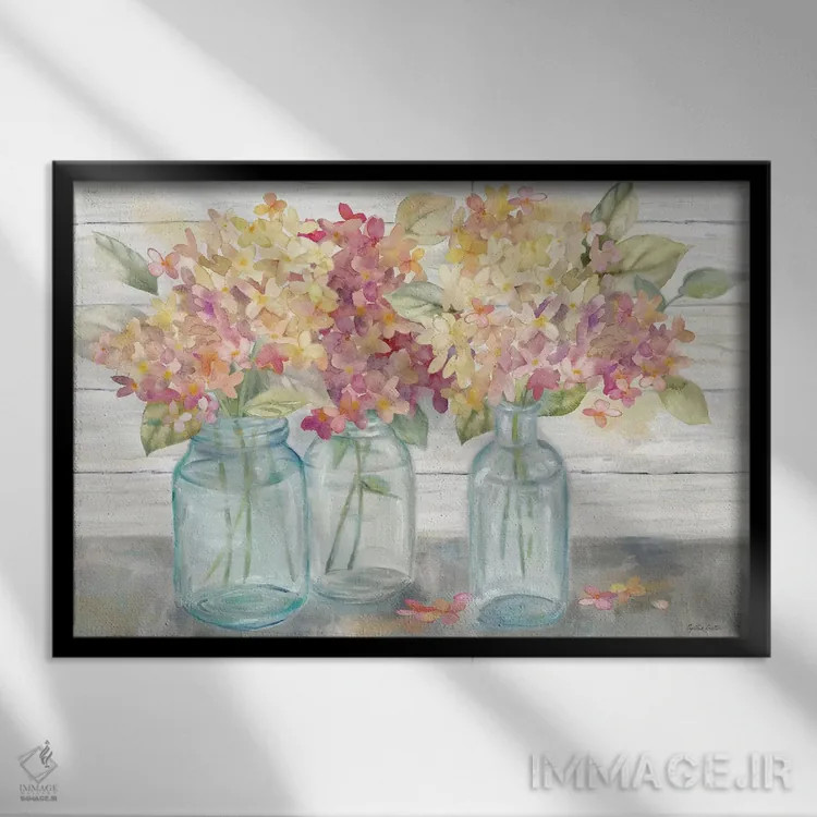 تابلو هورتانسیاهای خانه روستایی در شیشههای میسون ادویه اثر سینتیا کولتر - نمای قابدار مشکی