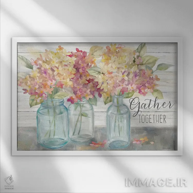 تابلو هورتانسیاهای خانه روستایی در شیشههای میسون ادویه - جمعآوری اثر سینتیا کولتر - نمای قابدار سفید