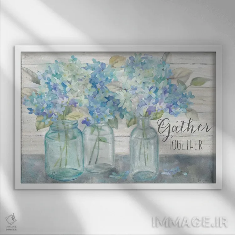 تابلو هورتانسیاهای خانه روستایی در شیشههای میسون - گردهمایی اثر سینتیا کولتر - نمای قابدار سفید