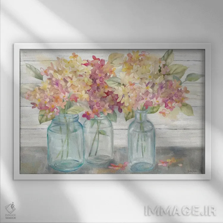 تابلو هورتانسیاهای خانه روستایی در شیشههای میسون ادویه اثر سینتیا کولتر - نمای قابدار سفید