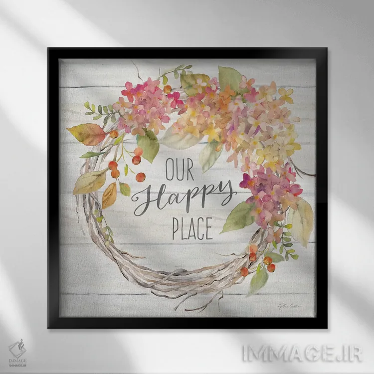 تابلو حلقه گل هورتانسیا خانه روستایی ادویه II - جای خوشبختی اثر سینتیا کولتر - نمای قابدار مشکی