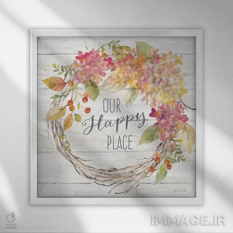 تابلو حلقه گل هورتانسیا خانه روستایی ادویه II - جای خوشبختی اثر سینتیا کولتر - نمای قابدار سفید