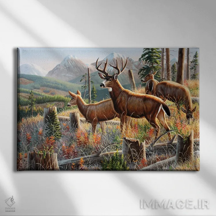 تابلو گوزن دمسیاه اثر سنتی فیشر - نمای روبهرو روی دیوار