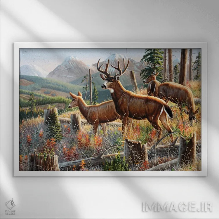 تابلو گوزن دمسیاه اثر سنتی فیشر - نمای قابدار سفید