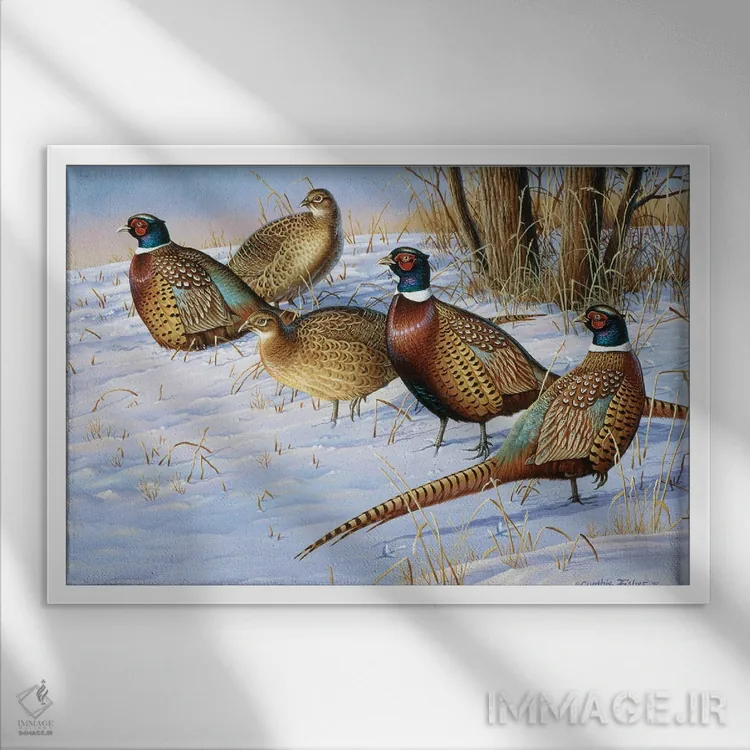 تابلو پنج قرقاول در برف اثر سنتی فیشر - نمای قابدار سفید