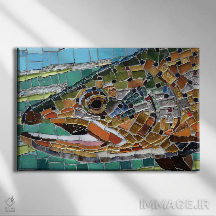 تابلو موزاییک شیشهای قزلآلای قهوهای اثر سنتی فیشر - نمای روبهرو روی دیوار