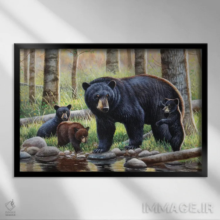تابلو خرس سیاه با تولهها اثر سنتی فیشر - نمای قابدار مشکی