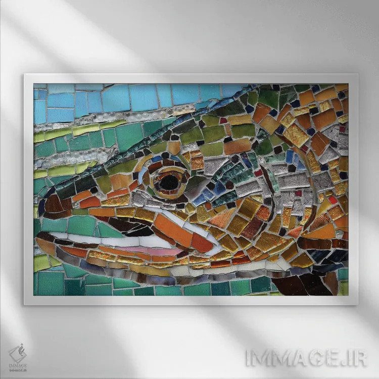 تابلو موزاییک شیشهای قزلآلای قهوهای اثر سنتی فیشر - نمای قابدار سفید
