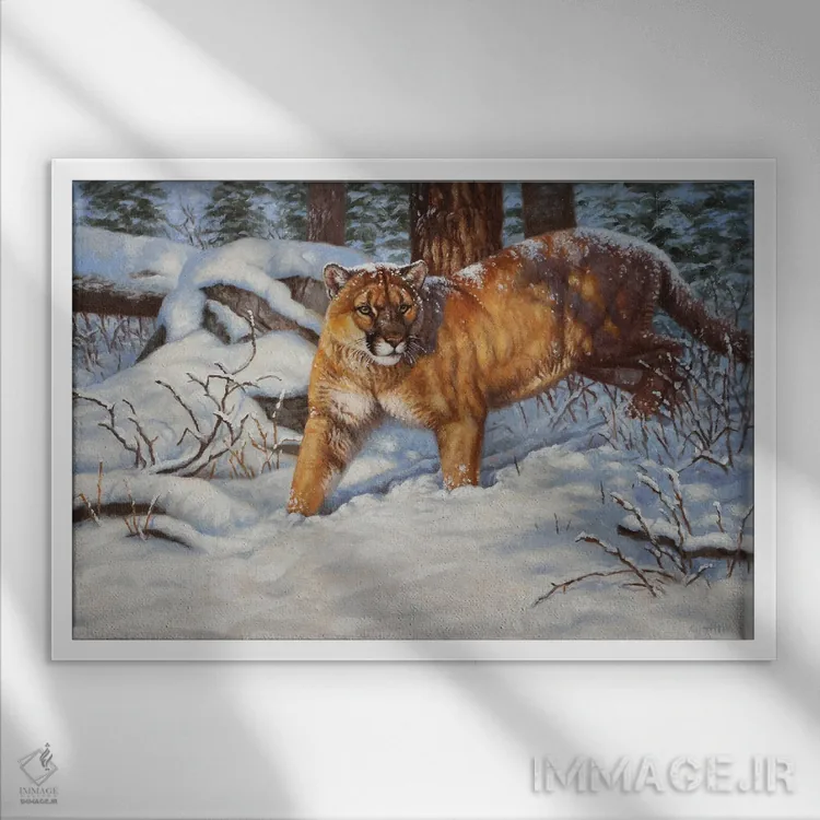 تابلو یوزپلنگ کوهی در برف اثر سنتی فیشر - نمای قابدار سفید