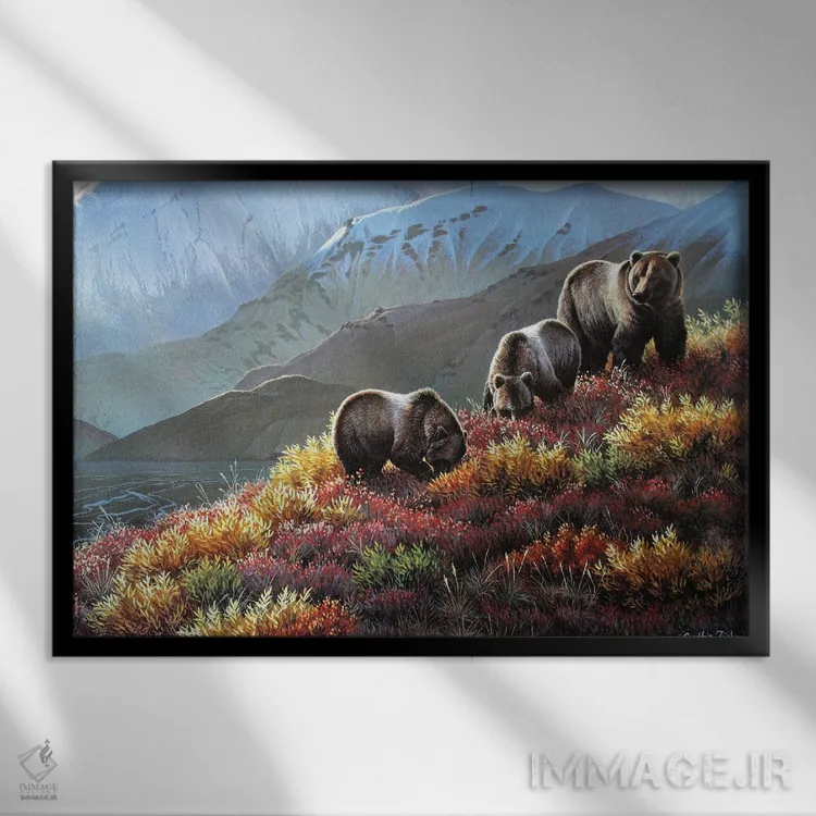 تابلو خرس گریزلی و برداشت پاییزی اثر سنتی فیشر - نمای قابدار مشکی