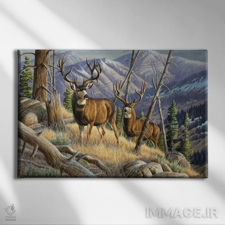 تابلو دو گوزن نر شمالی اثر سنتی فیشر - نمای روبهرو روی دیوار