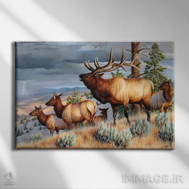 تابلو گوزن در چالش طوفان اثر سنتی فیشر - نمای روبهرو روی دیوار