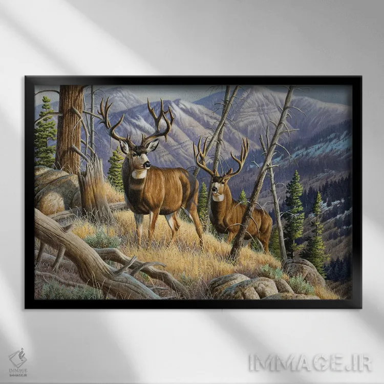 تابلو دو گوزن نر شمالی اثر سنتی فیشر - نمای قابدار مشکی