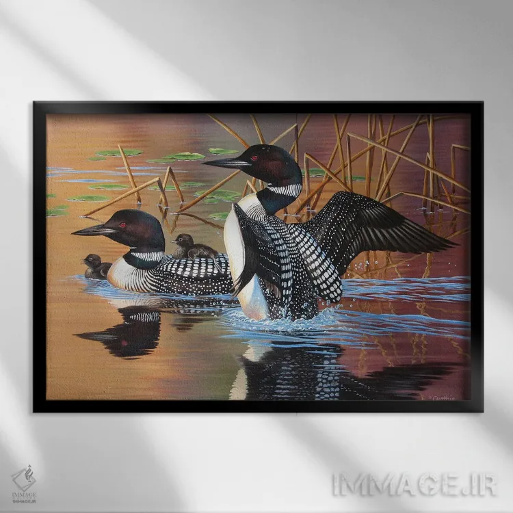 تابلو خانواده لون (پرنده لون) اثر سنتی فیشر - نمای قابدار مشکی