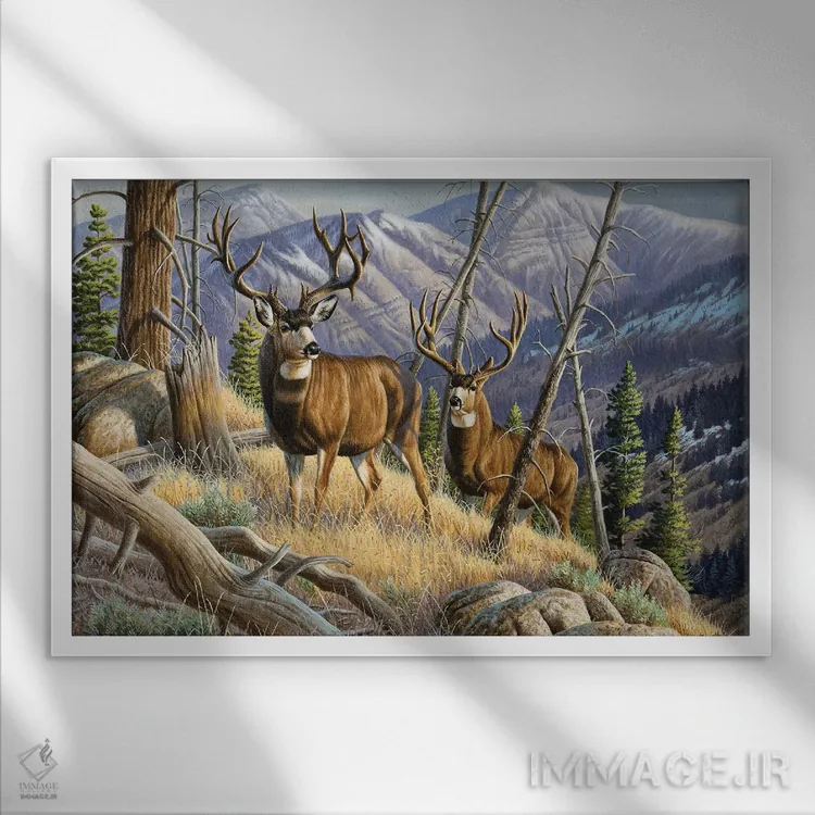 تابلو دو گوزن نر شمالی اثر سنتی فیشر - نمای قابدار سفید